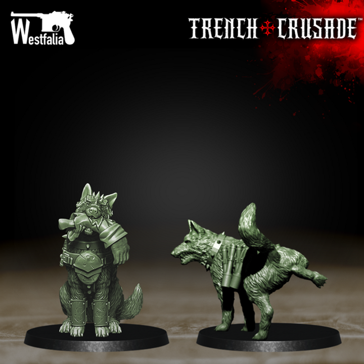 Red Brigade - Wolf and Rolf by Westfalia Miniatures, is a proxy for Attack Dog, Guard Dog, Mercy Dog, Trench Dog, in The Principality of New Antioch.