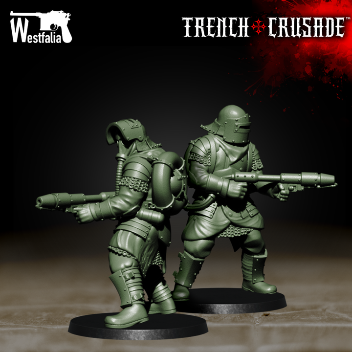 Red Brigade Troopers with Flamethrowers by Westfalia Miniatures, is a proxy for Shocktrooper, in The Principality of New Antioch.