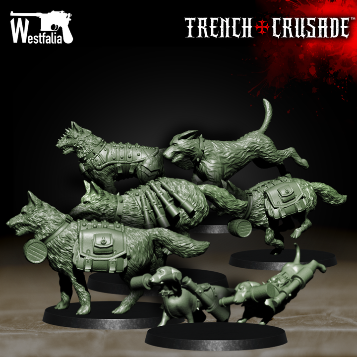 Red Brigade Trench Dogs by Westfalia Miniatures, is a proxy for Attack Dog, Guard Dog, Mercy Dog, Trench Dog, in The Principality of New Antioch.