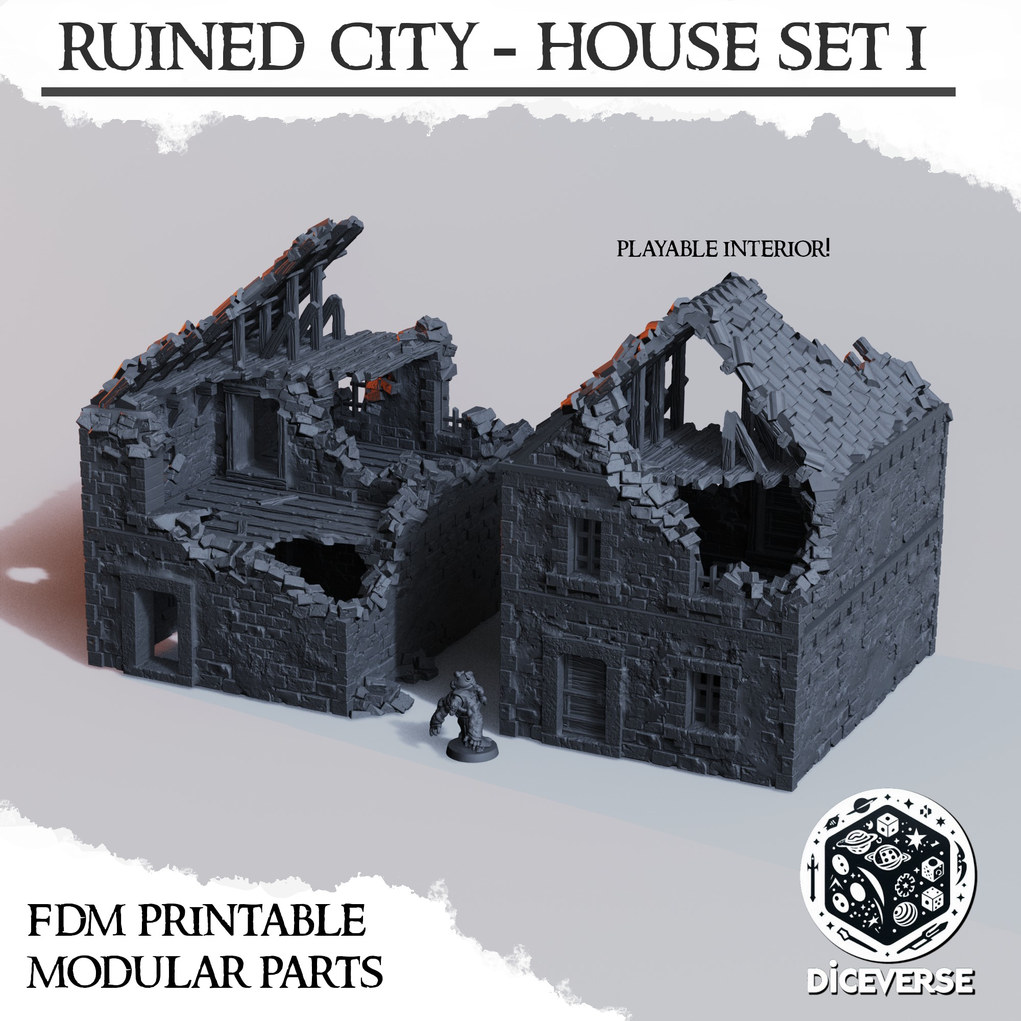 Ruined City - House Set 1 by Diceverse - brick city, city ruins terrain, ruins terrain, trench city, trench city terrain, trench crusade terrain, trench terrain, wargaming ruins, wargaming terrain, ww1 ruins terrain