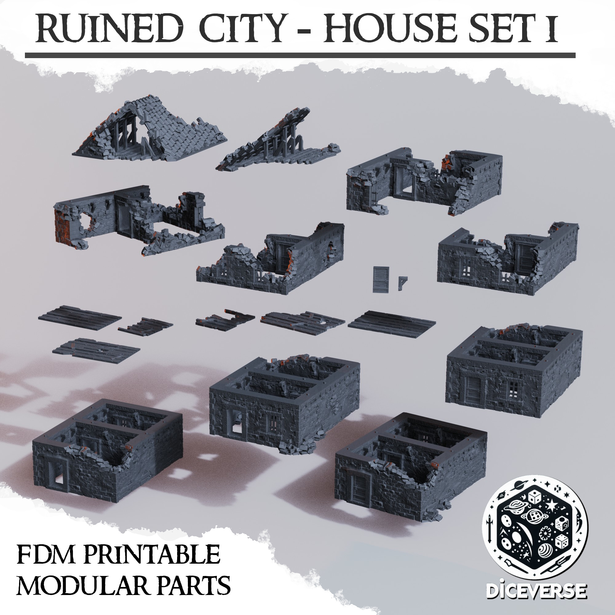 Ruined City - House Set 1 by Diceverse - brick city, city ruins terrain, ruins terrain, trench city, trench city terrain, trench crusade terrain, trench terrain, wargaming ruins, wargaming terrain, ww1 ruins terrain - Image 2