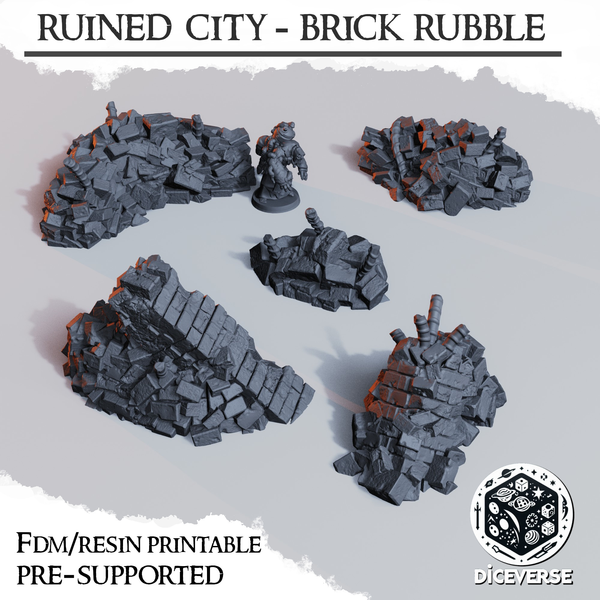 Ruined City - Brick Rubble Scatter by Diceverse - city ruins terrain, ruined city, ruins terrain, trench crusade ruins, trench crusade terrain, trench ruins terrain, trench terrain, wargaming ruins, wargaming terrain, ww1 ruins terrain