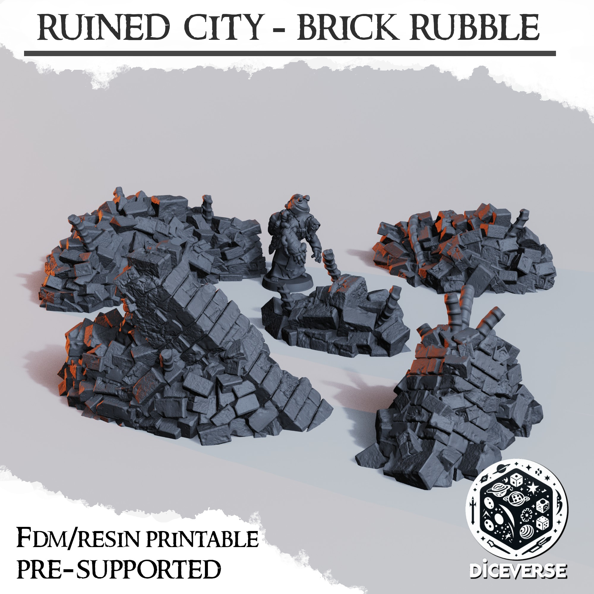 Ruined City - Brick Rubble Scatter by Diceverse - city ruins terrain, ruined city, ruins terrain, trench crusade ruins, trench crusade terrain, trench ruins terrain, trench terrain, wargaming ruins, wargaming terrain, ww1 ruins terrain - Image 2