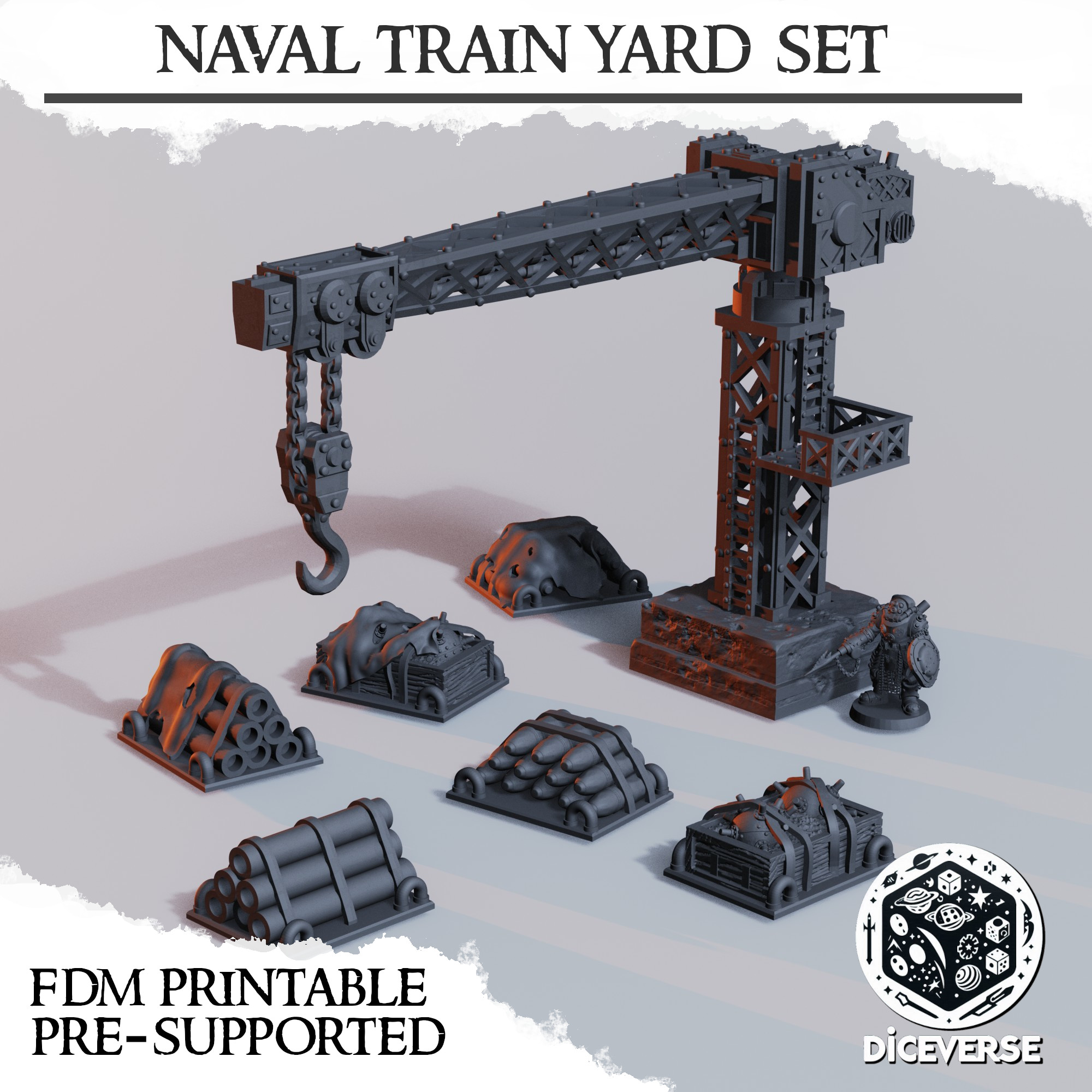 Naval Train Yard Set by Diceverse - 3dprinttrenchterrain, navalyard, printabletrenchterrain, trainyard, trenchcrusade, trenchcrusadecontainers, trenchcrusadenavalyard, trenchcrusadeterrain, trenchcrusadetrainyard, trenchnavalyard, trenchterrain, trenchtrainyard, wargaming