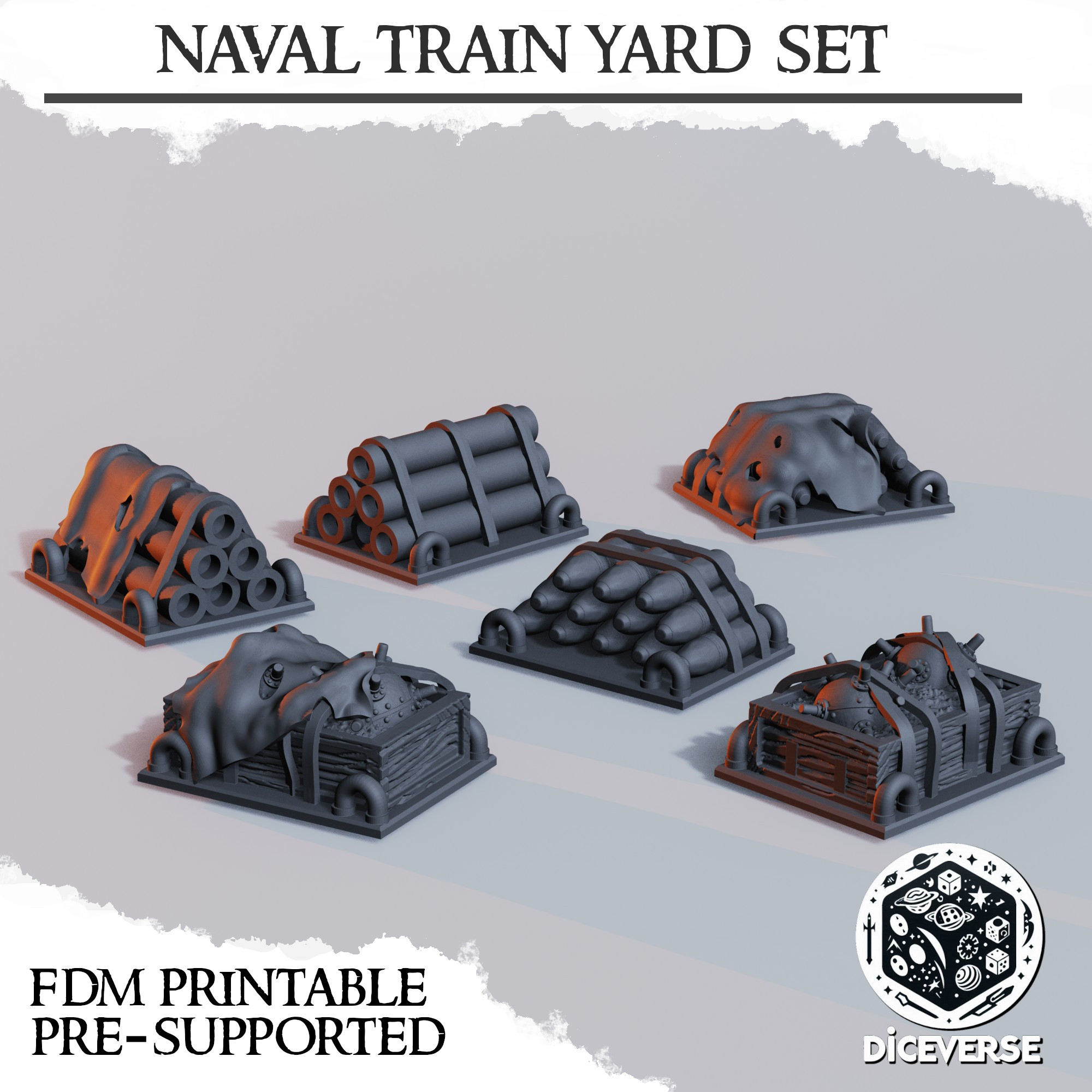 Naval Train Yard Set by Diceverse - 3dprinttrenchterrain, navalyard, printabletrenchterrain, trainyard, trenchcrusade, trenchcrusadecontainers, trenchcrusadenavalyard, trenchcrusadeterrain, trenchcrusadetrainyard, trenchnavalyard, trenchterrain, trenchtrainyard, wargaming - Image 3