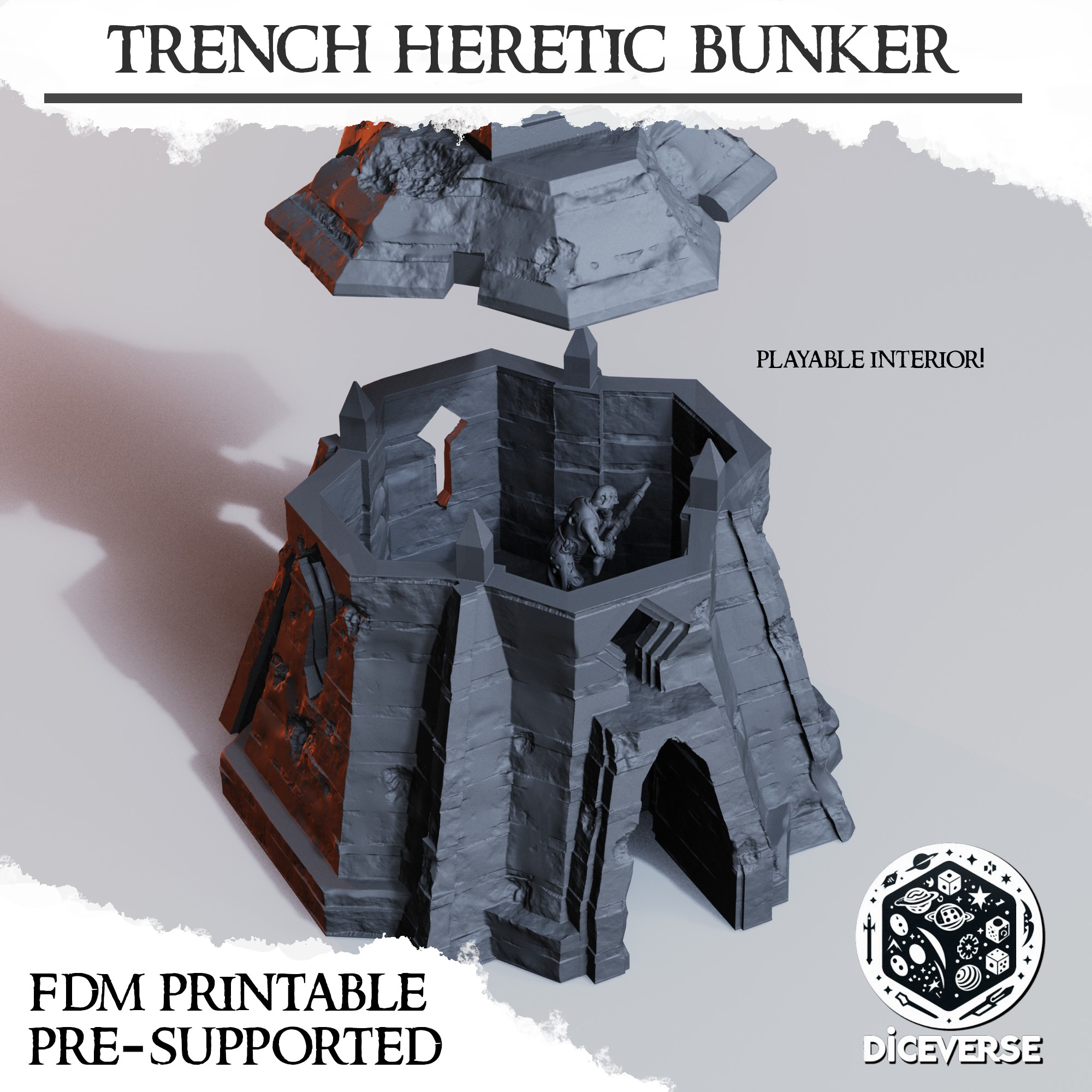 Trench Terrain: Heretic Bunker by Diceverse - Bunker, grimdark, grimdark bunker, heretic bunker, trench bunker, trench crusade bunker, trench crusade heretic fortification, trench crusade heretics, trench crusade scatter terrain, trench fortification, trench heretic  bunker, trench scatter terrain, trench war, wargaming - Image 3