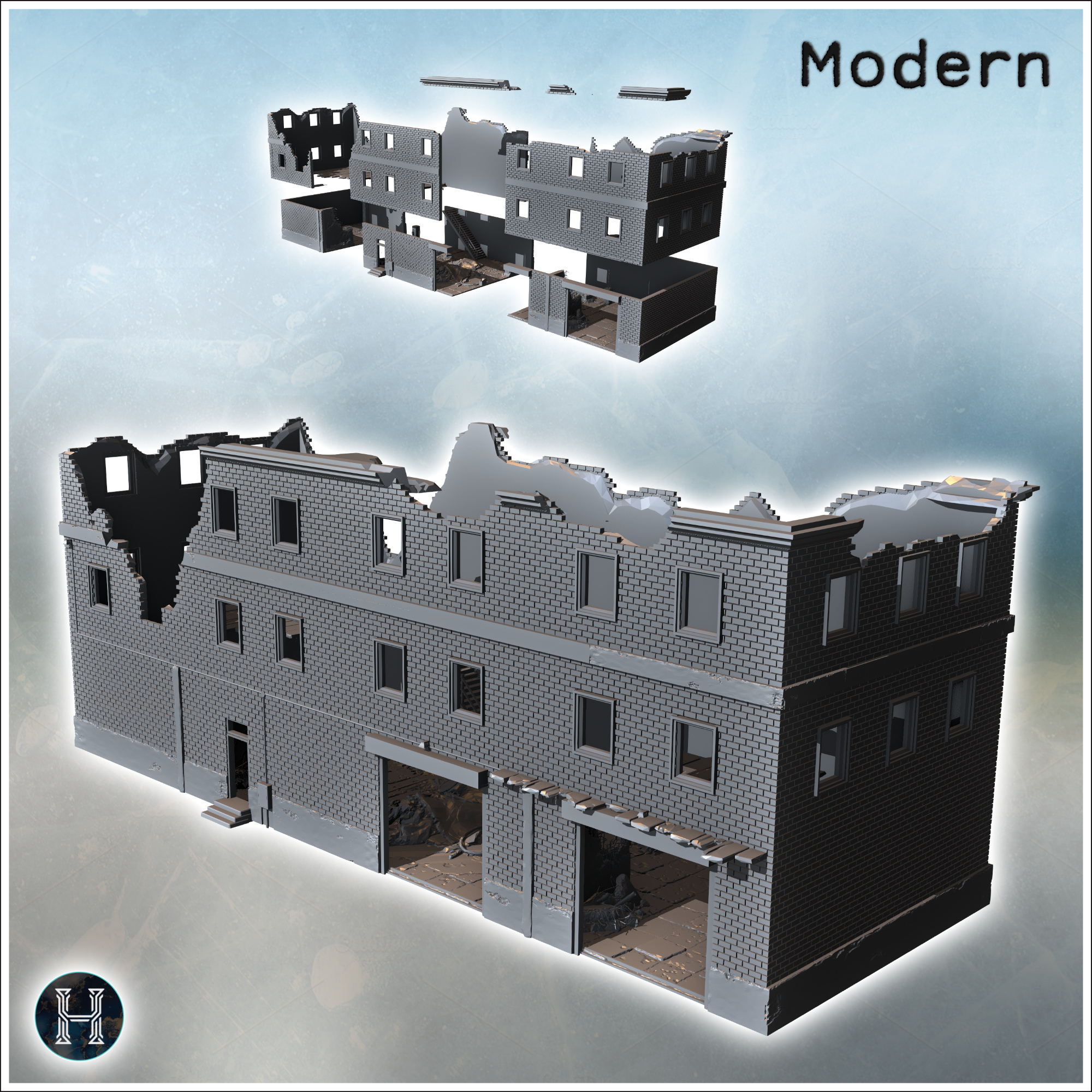 Ruined brick building by STL Miniatures - accessories, architecture, bolt, building, city, game, miniatures, terrain, war, wargaming