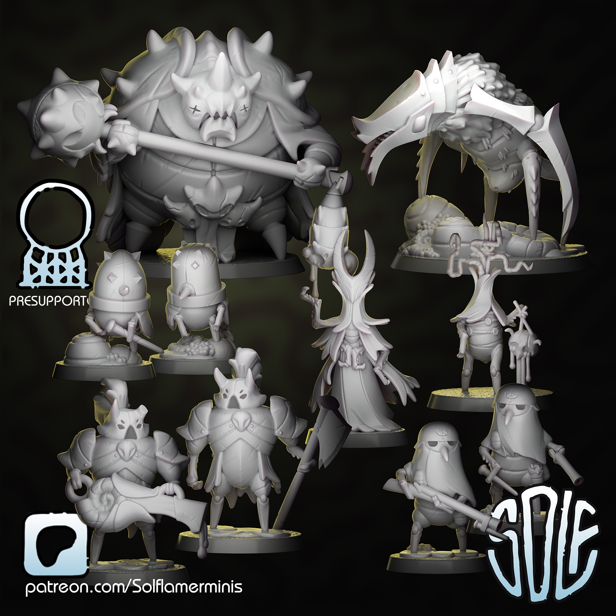 Trench bugs by Solflamer minis, is a proxy for Anointed Heavy Infantry, Artillery Witch, Heretic Chorister, Heretic Trooper, Sin Eater, War Wolf Assault Beast, Wretched, in Court of the Seven Headed Serpent, Cult of the Black Grail, Heretic Legion.