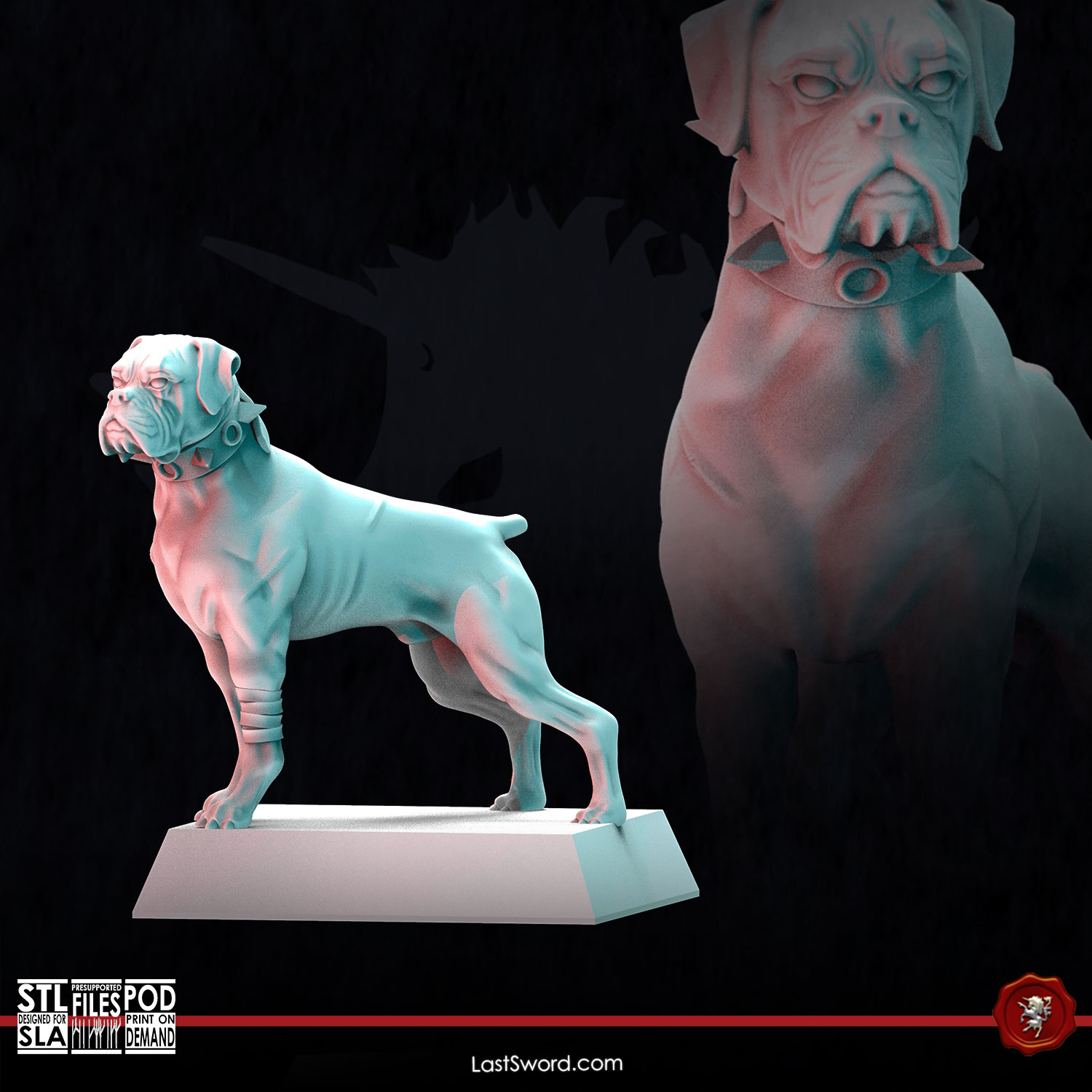 Spencer, War Dog | Pre-Supported | 30mm Avernia by LastSword Miniatures, is a proxy for Attack Dog, Guard Dog, Mercy Dog, Trench Dog, in The Principality of New Antioch.