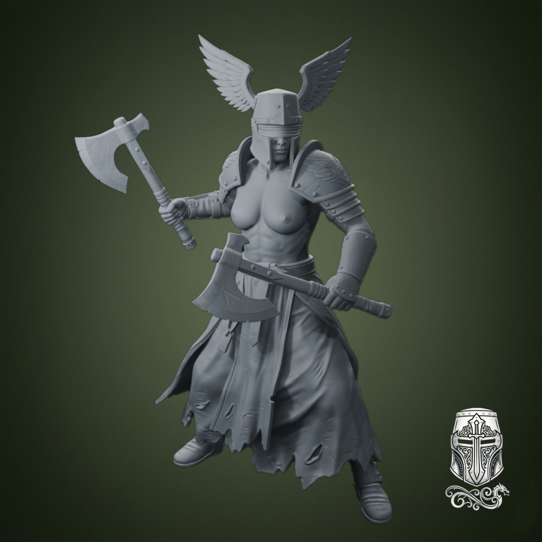 Blind Warrior Nun with Dual Axes – 32mm Grimdark Miniature for Wargames and RPGs by AlbusMiles, is a proxy for Stigmatic Nun, Trench Pilgrim, in Trench Pilgrims.