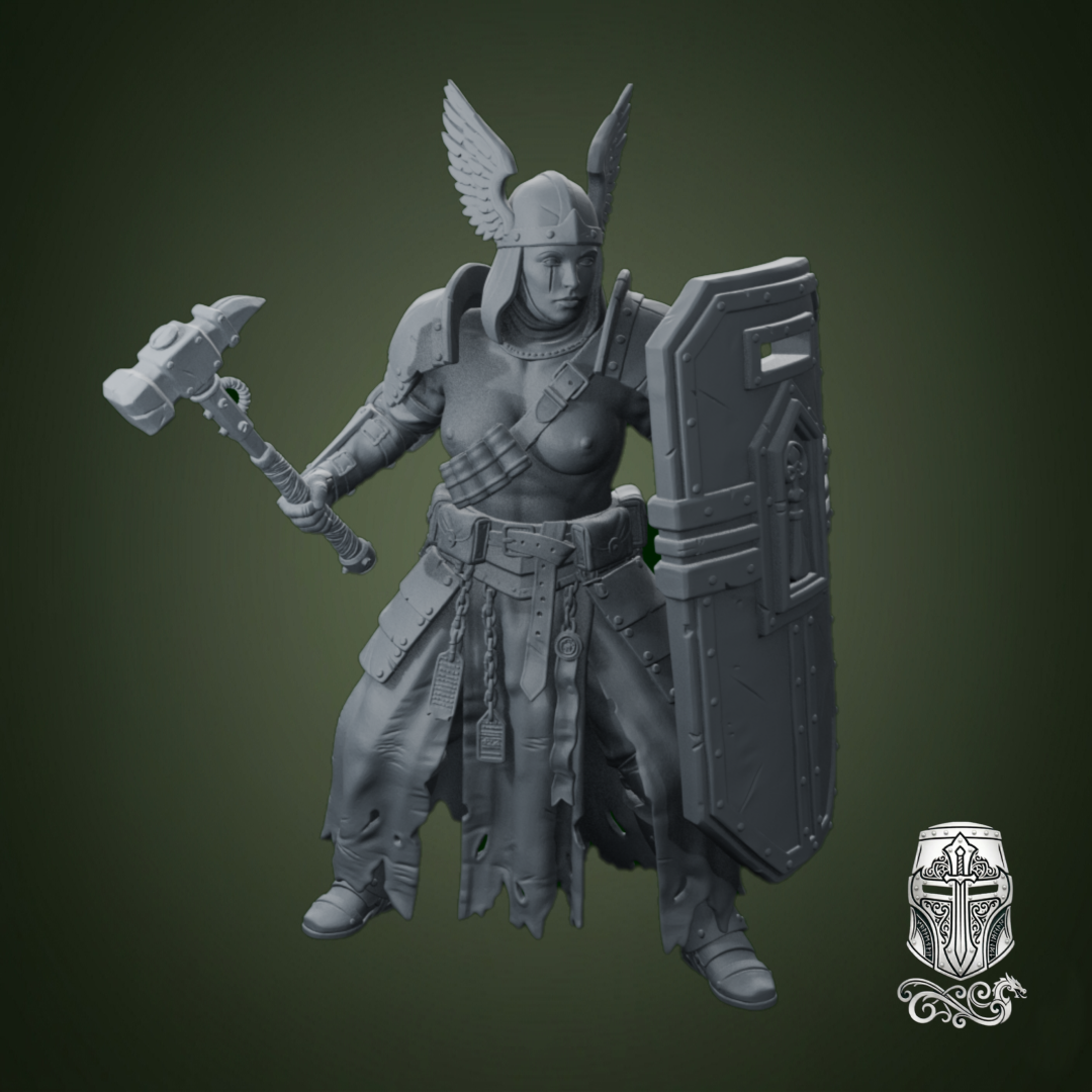 Blind Warrior Nun with War Hammer and Shield – 32mm Grimdark Miniature for Wargames and RPGs by AlbusMiles, is a proxy for Trench Pilgrim, in Trench Pilgrims.