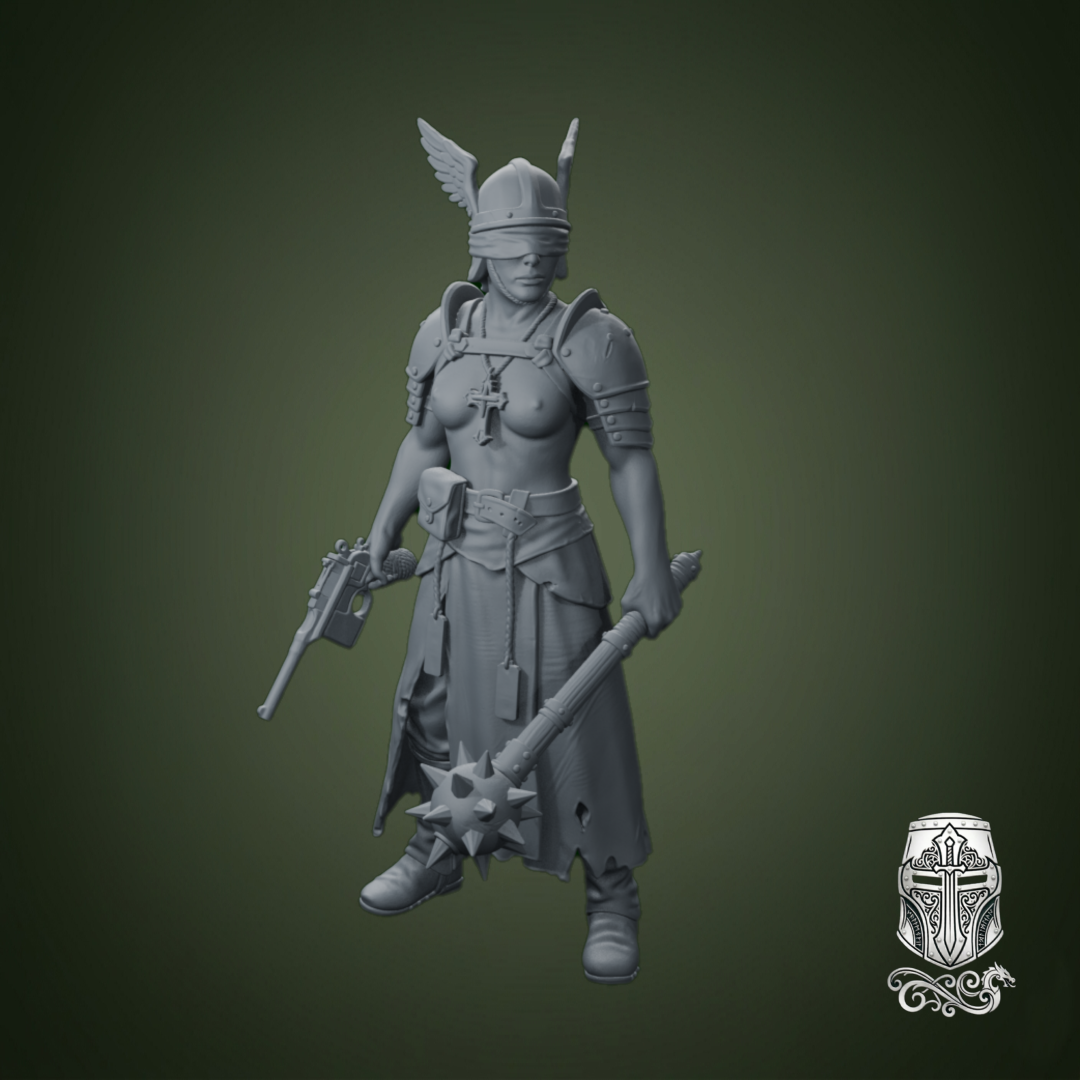 Blind Warrior Nun with Mace and Pistol – 32mm Grimdark Miniature for Wargames and RPGs by AlbusMiles, is a proxy for Stigmatic Nun, Trench Pilgrim, in Trench Pilgrims.