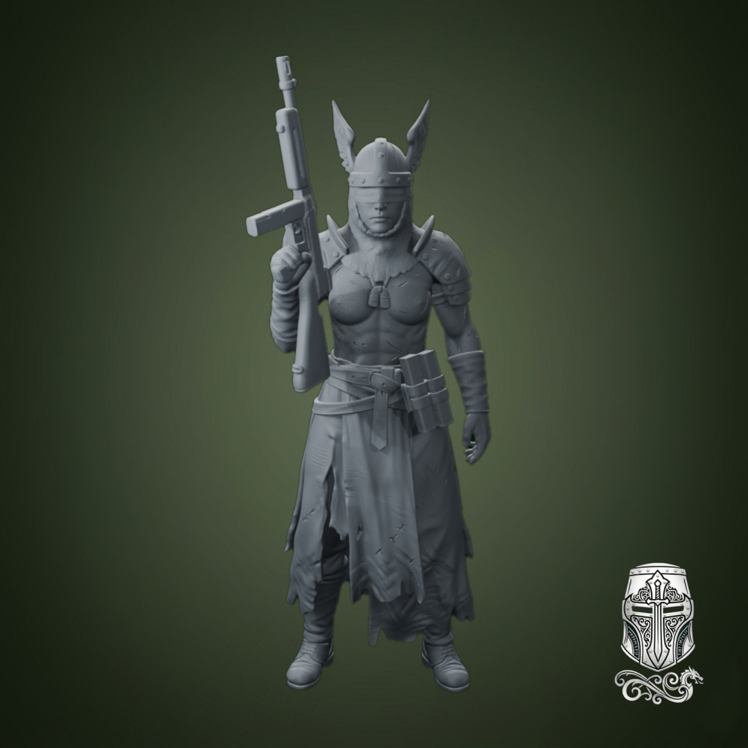 Blind Warrior Nun with Thompson SMG – 32mm Grimdark Miniature for Wargames and RPGs by AlbusMiles, is a proxy for Stigmatic Nun, Trench Pilgrim, in Trench Pilgrims.