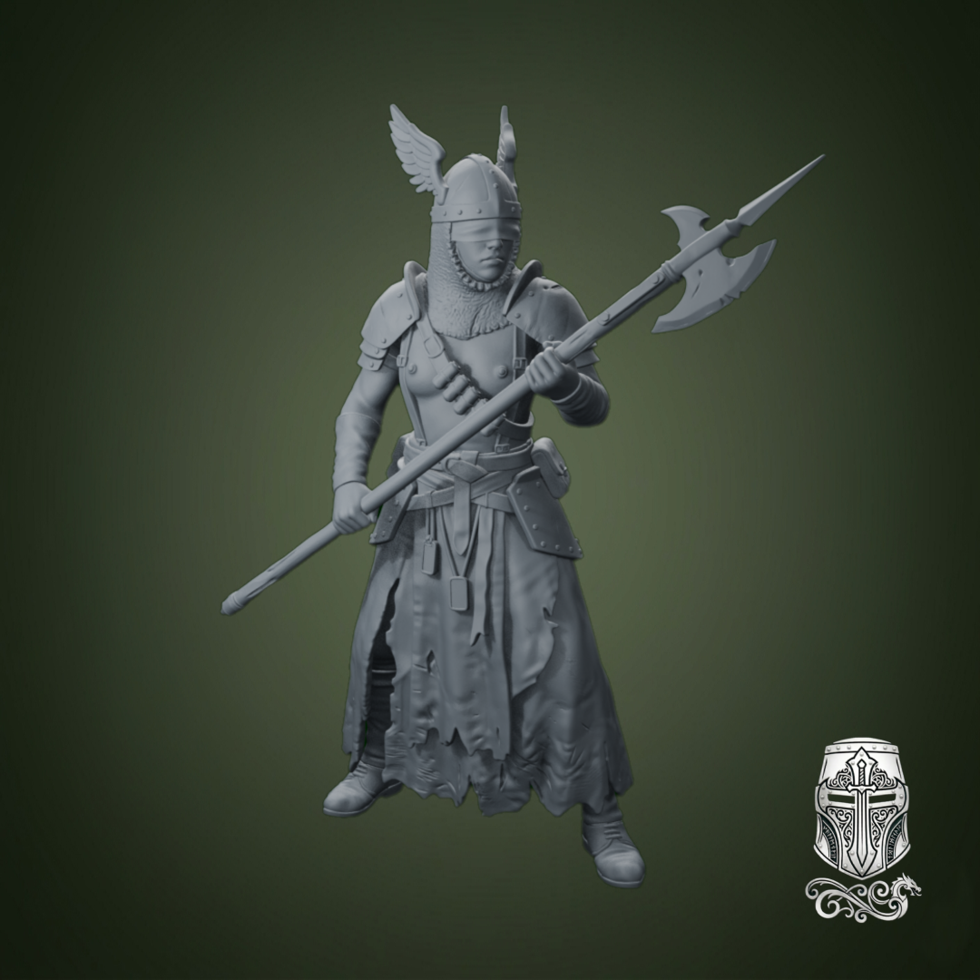 Blind Warrior Nun with Halberd – 32mm Grimdark Miniature for Wargames and RPGs by AlbusMiles, is a proxy for Stigmatic Nun, Trench Pilgrim, in Trench Pilgrims.