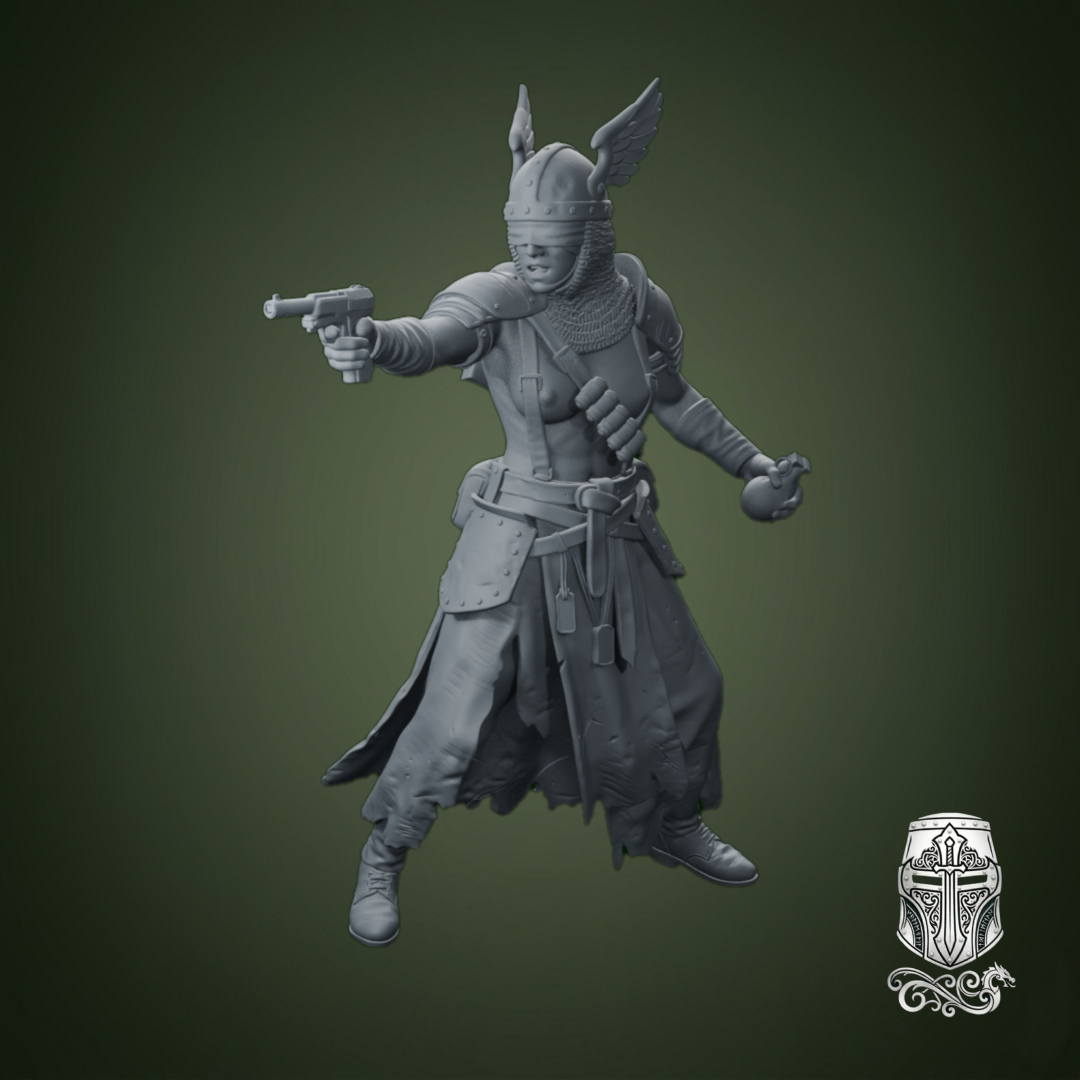 Blind Warrior Nun with Pistol and Grenade – 32mm Grimdark Miniature for Wargames and RPGs by AlbusMiles, is a proxy for Sniper Priest, Trench Pilgrim, in The Principality of New Antioch, Trench Pilgrims.
