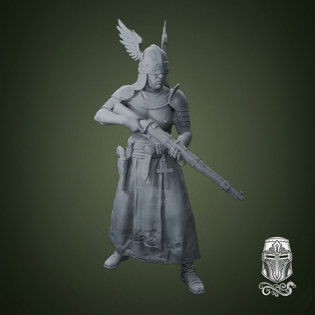 Blind Warrior Nun with Rifle and Pistol – 32mm Grimdark Miniature for Wargames and RPGs by AlbusMiles, is a proxy for Sniper Priest, in The Principality of New Antioch.