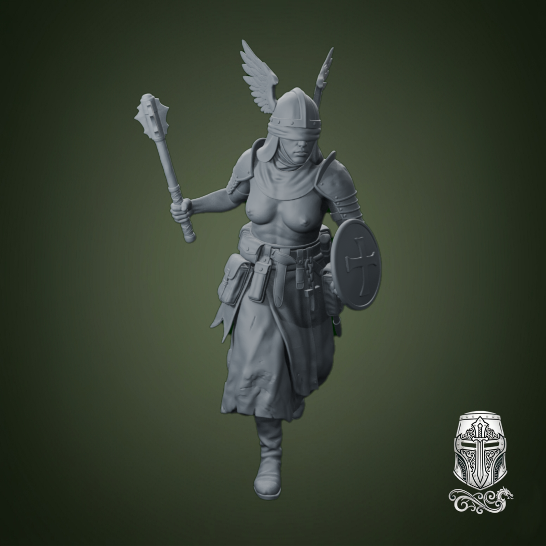 Blind Warrior Nun with Mace and Shield – 32mm Grimdark Miniature for Wargames and RPGs by AlbusMiles, is a proxy for Stigmatic Nun, Trench Pilgrim, in Trench Pilgrims.