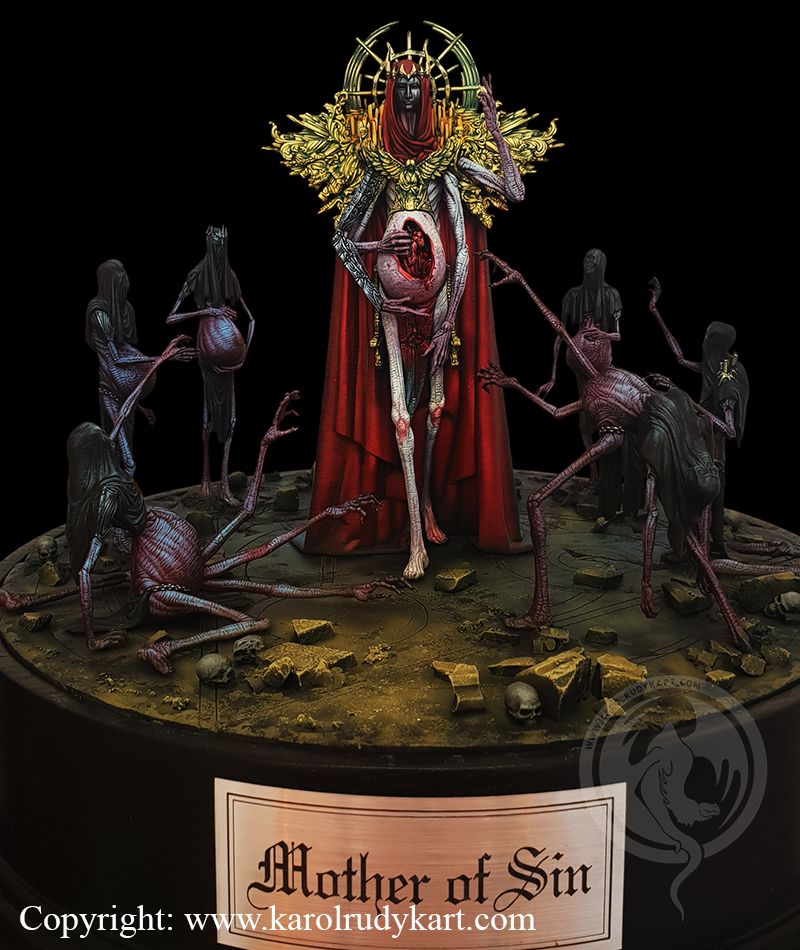 Mother of sin with 7 cultists by KarolRudykArt, is a proxy for Cradle Fly Thrall, Cradle Thrall, Desecrated Saint, Fly Thrall, Grail Thrall, Lord of Tumors, Matagog Hag, Praetor, Wretched, in Court of the Seven Headed Serpent, Cult of the Black Grail, Heretic Legion.