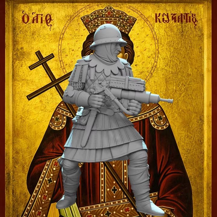 Byzantine Greek Fire Thrower – Medieval Flamethrower Warrior STL by NorthernCrusadesMiniatures, is a proxy for Yeoman, in The Principality of New Antioch.